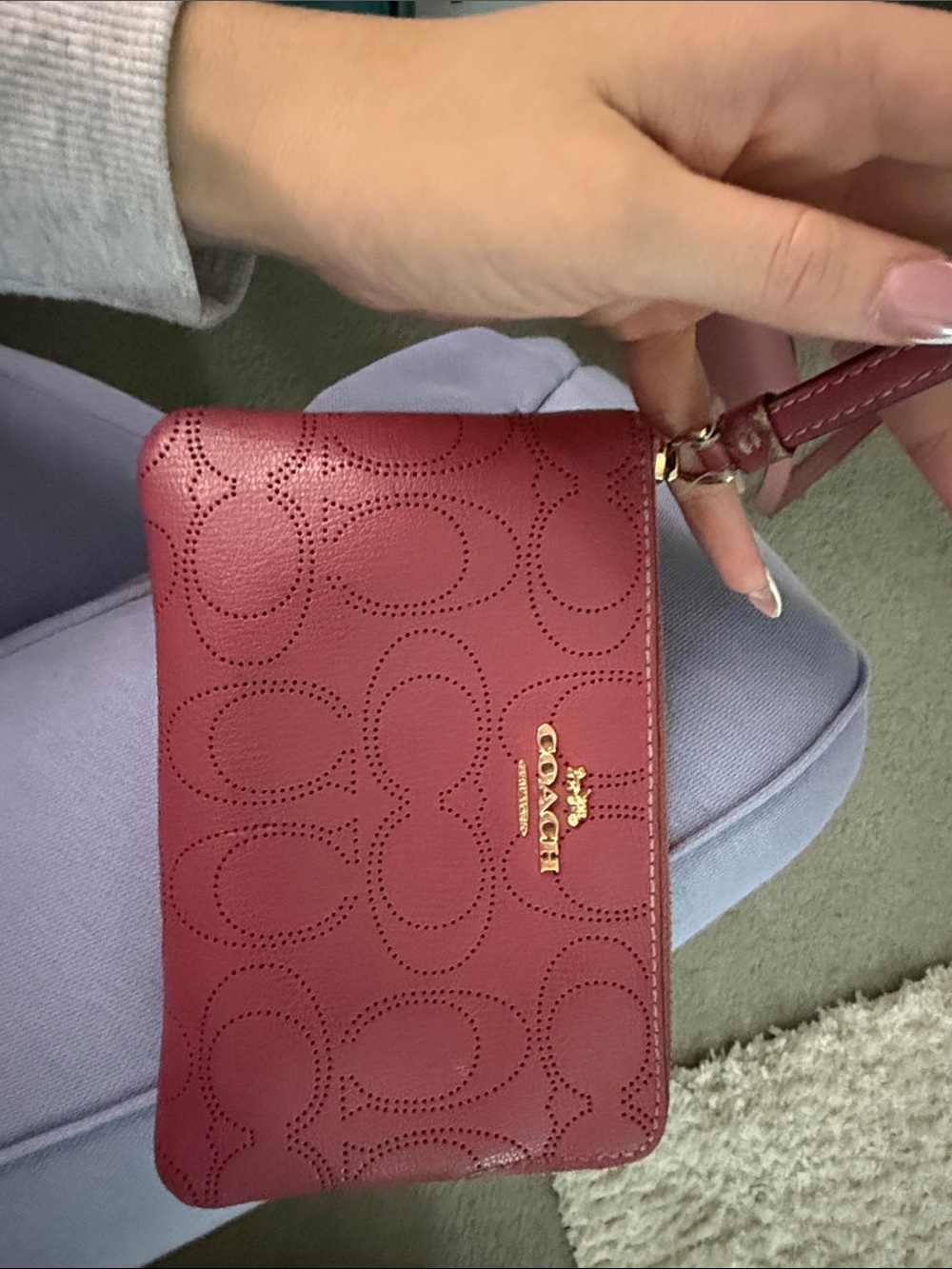 Coach Burgundy Perforated Signature Leather Wristlet with Gold Logo